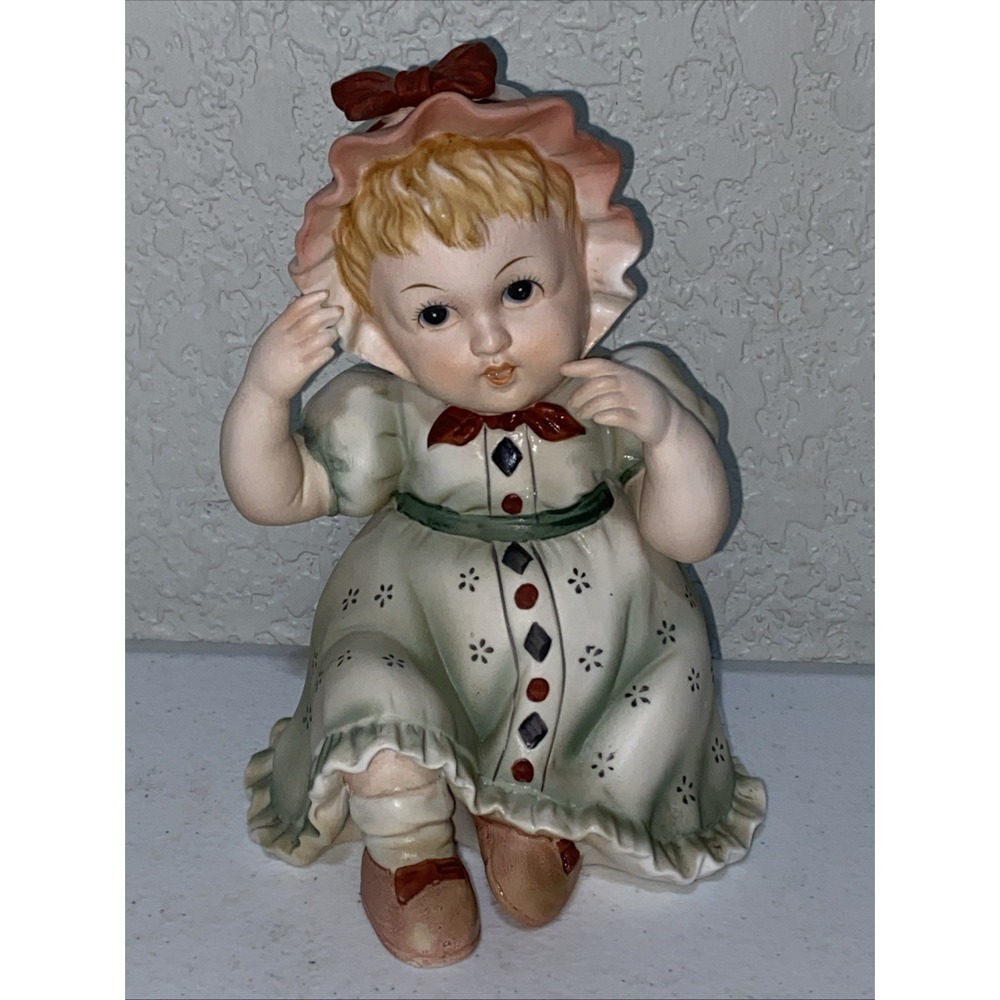 Vintage Lefton Japan Porcelain Girl Baby Doll 6" Figurine Dress Bonnet KW1927‎
